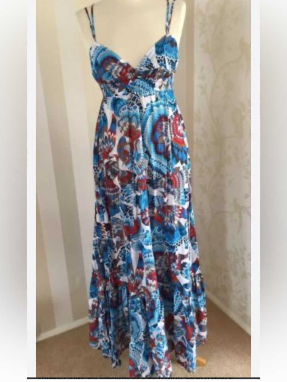 Bohemian summer QUICKSILVER Maxi dress blue floral birds beachy L girls trip